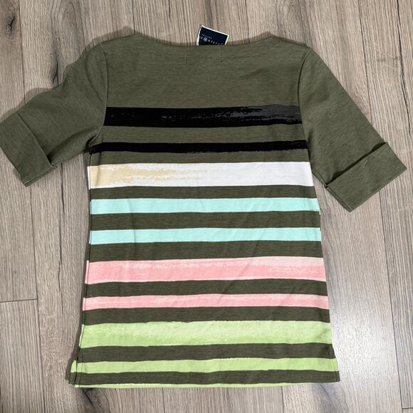 Karen Scott Womens Stripe Boat Neck Elbow Sleeve Top Olive Sprig Petite Pet - Picture 2 of 7